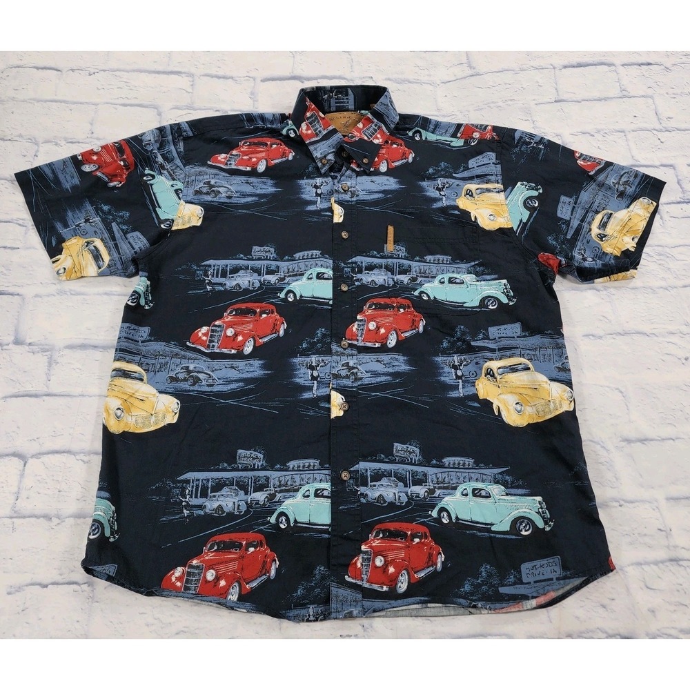 North River Shirt MENS L Black Classic 50s 60s Cars Drive In Girls AOP Dad Core